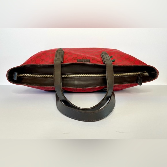 Gucci Red GG Canvas Tote Bag with Brown Leather Trim Corners Shopper Authentic - Picture 2 of 16